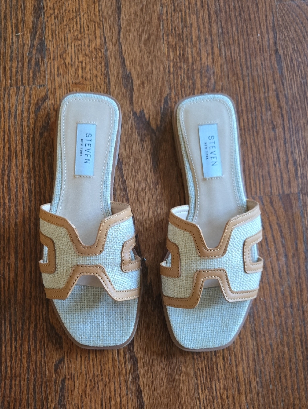Steven By Steve Madden Cream Raffia Slide Sandals with Tan Trim